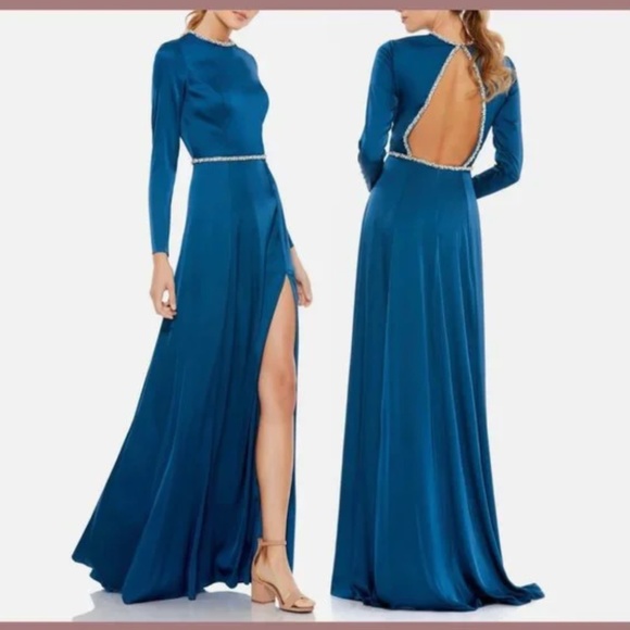 IEENA Mac Duggal Long Sleeve Jewel Trimmed Charmeuse Gown Blue - Picture 1 of 3